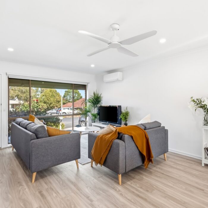 Renovated living room in Unit 23
